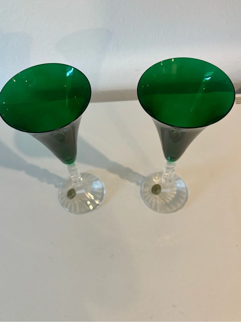 Emerald Green Crystal Flute Pair - Decorative Glass Accent